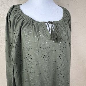 J Jill Boho Peasant Top Pullover Blouse 2X Olive Green Eyelet Fairy Cottagecore